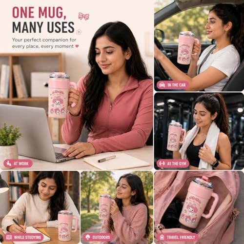 Image of Vasukie Cute Cartoon Stainless Steel Tumbler with Handle & Straw Lid, Leakproof Travel Mug, Reusable Water Cup for Girls, School, Office, Home & Outdoor Use