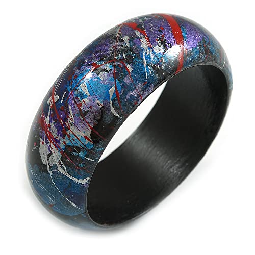 Bracelet Jonc Rond en Bois Peinture Abstraite Rouge/Bleu/Noir/Violet/Argent - Taille M, Bois