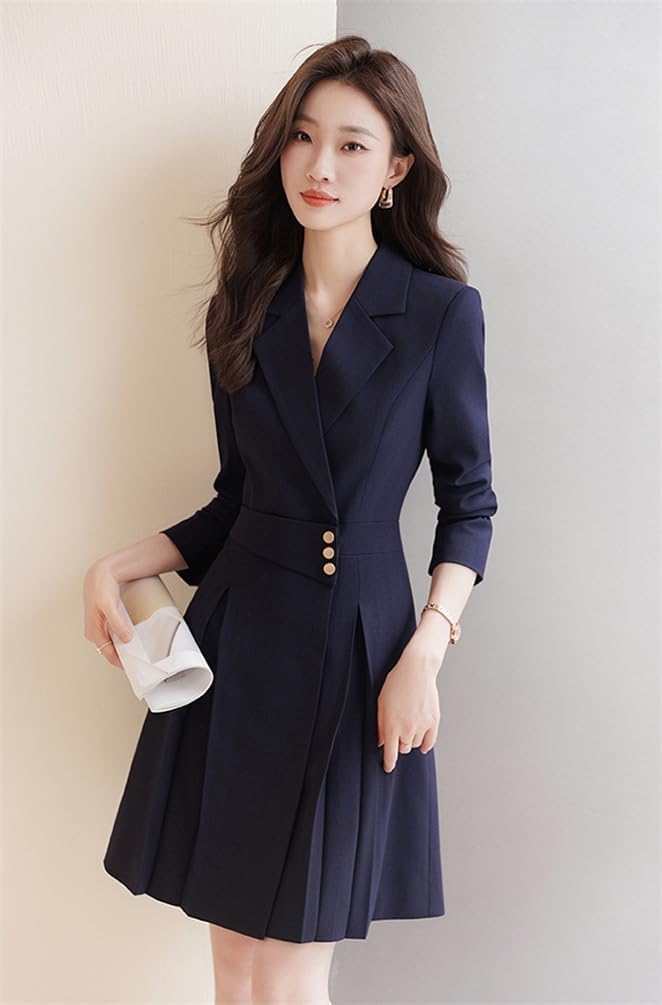 LIUZHONGQIN レディース ワンピース 無地ワンピース スーツ ビジネススーツ 春 秋 長袖 Vネック プリーツ 着痩せ フ