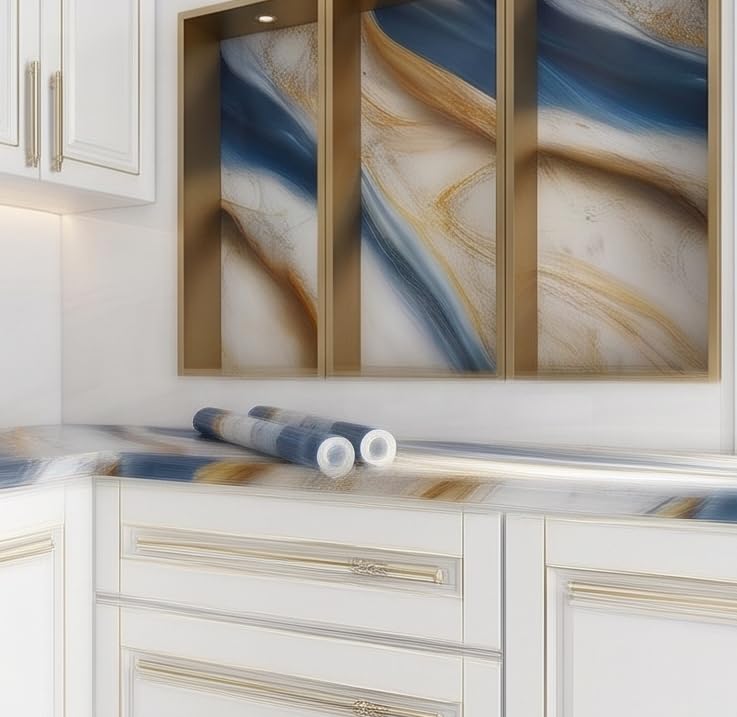 Image of VOOY Self-Adhesive Kitchen Wallpaper, PVC 3D Wall Sticker Oil Proof & Waterproof, Kitchen Backsplash Stickers, Navy Blue and Golden Marble Pattern (60cm x 200cm) (Pack of 2) (TS-78)