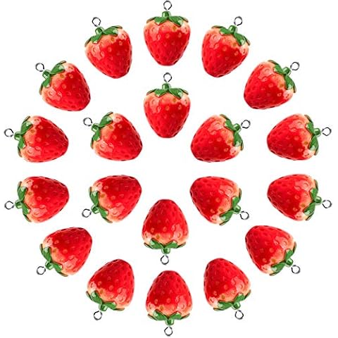 OIIKI 20Pcs 3D Red Strawberry Pendants, Resin Strawberry Beads with Green Leaf DIY Crafts Supplies Decoration Accessories for Jewelry Making Necklaces Earrings Cover