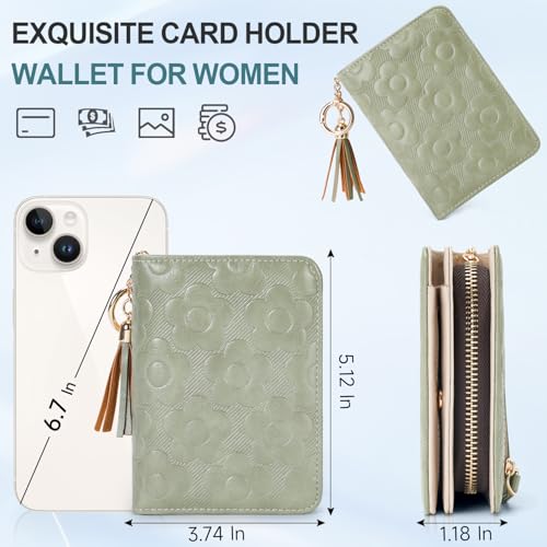 RFID Blocking Wallet Women Cute Embossed Floral Leather Credit Card Holder Wallet for Women with Tassel Accordion Purse Bifold Ladies Small Womens Wallets with Zipper Coin Pocket Green 5