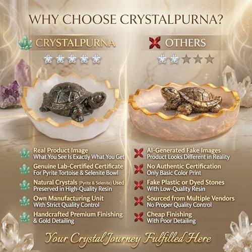 Image of Certified Natural Pyrite Tortoise (Kachhua) with Natural Selenite Charging Bowl - Vastu Feng Shui Wealth, Money Attraction, Positive Energy & Home Decor Crystal Set