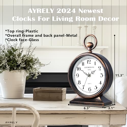 Image of AYRELY 7-Inch Vintage Mantel Clock with Handle,Antique Metal Desk Clocks Battery Operated,Retro Table Clock for Bedroom Living Room Shelf Farmhouse Fireplace Decor