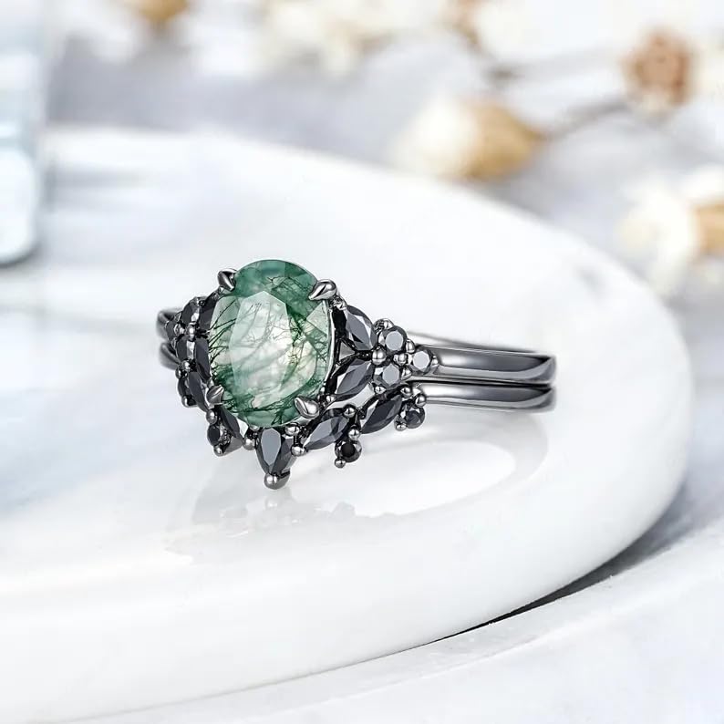 Black Gold Plated Natural Moss Agate Bridal Ring Set S925 Sterling Silver Genuine Green Oval Cut Moss Agate Ring Set Wedding Engagement Band Gift for Women Her2