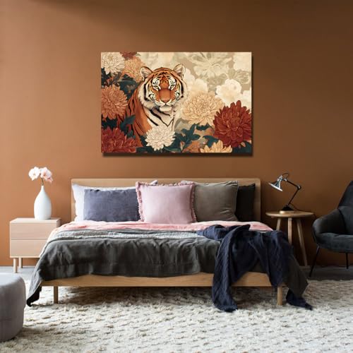 Tableau tigre et chrysanthèmes toile déco 40x56 cm - 5