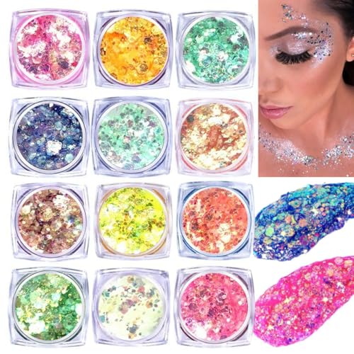 JUGUTA Purpurina Facial para Festivales - 12 Colores Fluorescentes con Lentejuelas, Maquillaje Brillante para Carnaval, Halloween y Fiestas, Aplicación Fácil y Segura para Rostro y Cabello
