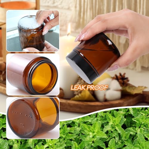 2 Pack 4 oz Amber Glass Jars with lids, Cosmetic Jars with Inner Liners and Black Lids, Lotion Jars, Candle Making Jars for Lotions, Scrubs and Cosmetic, Lables and Spatulas Include3