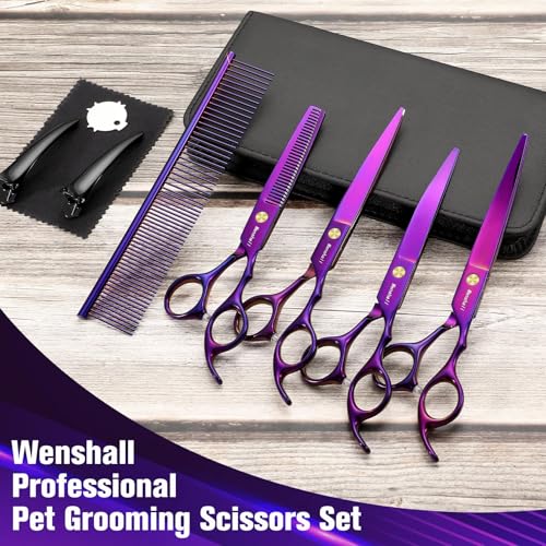 Wenshall 7,0 Zoll Hundepflege Schere Set Hund gerade Schere & Ausdünnungsschere & Gebogene & chunker & Comb 5Stk Set