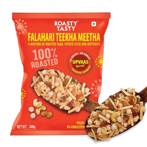 Image of Roasty Tasty Falahari Theekha Meetha Mix Roasted Namkeen Snack 200g | Oil-Free Farari Chiwda | No Onion, No Garlic Farali Namkeen | Healthy Vrat Upwas Fast Namkeen | No Cholesterol No Transfat Healthy Snack for Fasting