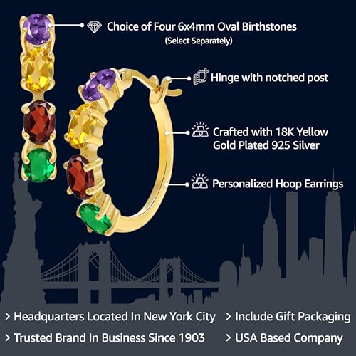 Gem Stone King 18K Yellow Gold Plated Silver Customize Personalized 4 Gemstone Birthstone Oval 6X4MM For Her Women Hoop Earrings2