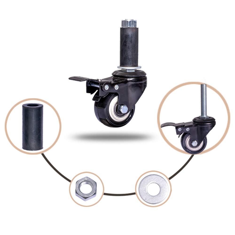 Ruedas giratorias de Poliuretano Resistentes con vástago roscado y Frenos, para Tubos Redondos de 25/30/38/40 mm de diámetro, Perno roscado M12 x 60, silenciosas, Juego de 4
