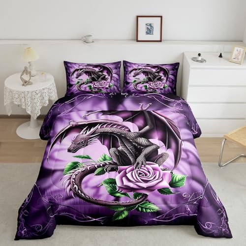 Purple Dragon Bedding Set King Size,3D Rose Flowers Comforter Set 3Pcs,Romantic Wild Animal Plants Quilt Set for Kids Girls Boys Teens Room Decor,Gothic Boho Style Duvet Insert,2 Pillowcases
