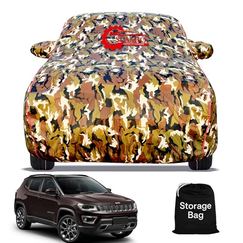 Image of Waterproof Car Body Cover for Jeep Compass with Mirror Pocket, Soft Cotton Lining, Triple Stitched, Full Bottom Elastic (Heat Resistant Jungle Print with Red Piping)