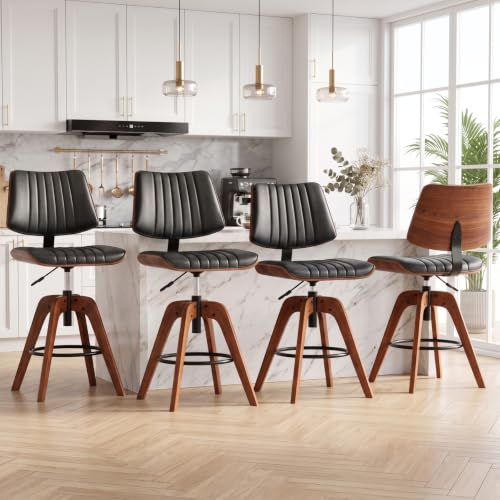 Image of Counter Height Bar Stools, Mid Century Modern Counter Height Stools | Set of 4 Mid Century Counter Stools, Swivel Barstools with Back, Faux Leather Upholstered Bar Chair with Back