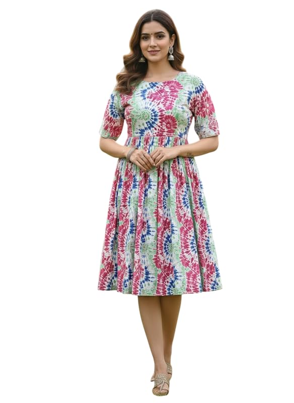 Women's Tie-Dye Print Midi Dress, Rayon, Half Sleeve, Fit and Flare Style KJ2-image-17