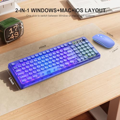 Image of Light Up Keyboard and Mouse Wireless,Cute 2.4Ghz Cordless Rechargeable Transparent Backlit Keyboard,15 Backlight Effects,Volume Knob,RGB Mouse with 3 DPI for Mac Computer PC Laptop Desktop iPad-Blue
