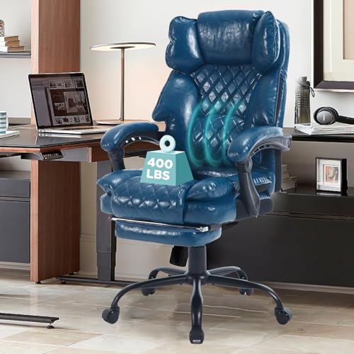 Image of Big Tall Reclining Office Chair with Footrest, 400lbs Ergonomic Recliner Office Desk Chairs with Lumbar Support, Heavy Duty High Back Vintage Leather Executive Computer Chair with Wheels, Blue