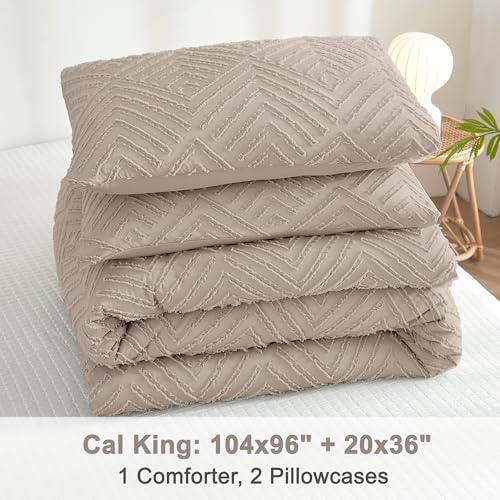 Image of Litanika California King Comforter Set Light Coffee, 3 Pieces Tufted Boho Farmhouse Bedding Comforter Sets, Lightweight Fluffy Comforter Bed Set All Season (104x96In Comforter & 2 Pillowcases)
