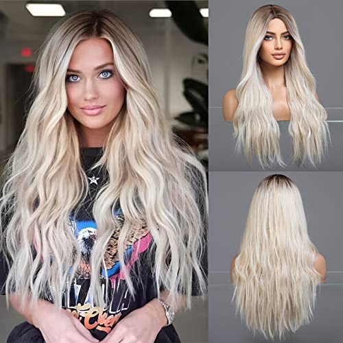 HAIRCUBE Long Light Blonde Wigs for Women Curly Synthetic Wig with Dark Roots Middle Parting