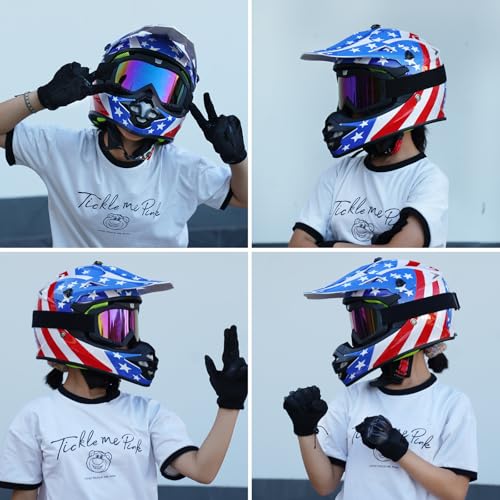 Image of Youth Kids Dirt Bike Helmet for Boys & Girls,F001 Full Face Motorcycle Helmet for Off-Road ATV Street Riding Four Wheeler Mountain Bike with Goggles Gloves,DOT Approved
