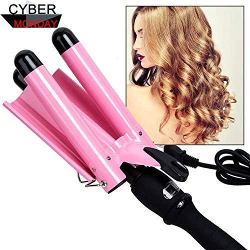 Curling Iron, 3 Barrel Hair Waver 25mm Stylish Fast Heating Hair Curlers with LCD Display Temperature Adjustable Ceramic Beach Waver Hair Curlers New Hair Styling Tools (Pink 01)