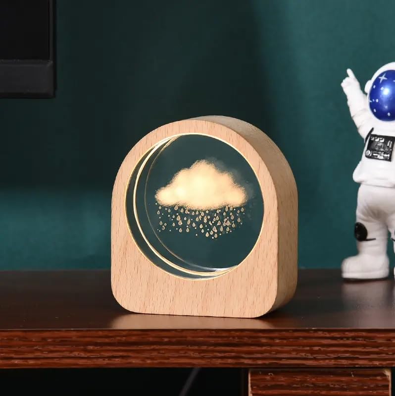 3D Cloud with Rain Crystal Ball, Round Shape Night Lamp, Creative Engraved Crystal Ball Night Light, USB Table LED Wooden Crystal Ball for Home Office Decoration Birthday Gift Adults
