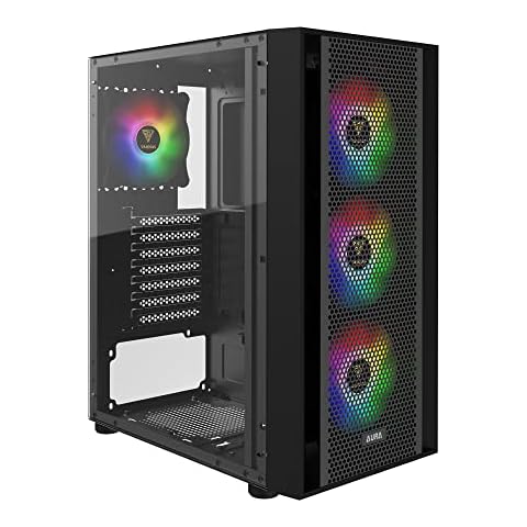 GAMDIAS ATX Mid Tower Gaming Computer PC Case with Side Tempered Glass, 4X 120mm ARGB Case Fans and Sync with 5V RGB Motherboard and Excellent Airflow Cover