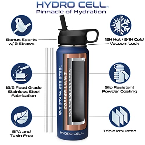 Hydro Cell Stainless Steel Triple Insulated Water Bottle, 2 Lids (64Oz 40Oz 32Oz 24Oz 18Oz 14Oz) - Metal Vacuum Flask With Modern Leakproof Sport Straw Design For Kids And Adults (Navy Blue 24Oz) #TOP2
