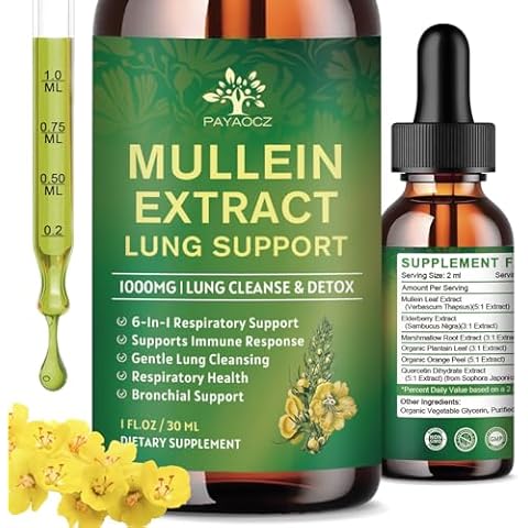 (2 Pack) 6 In 1 Mullein Drops for Lungs, Organic Mullein Leaf Extract Tincture for Lungs, Detox Cleanse & Respiratory for Breathing Health, Mullein Oil Supplement Immune Support, Vegan, 1 Fl Oz Cover