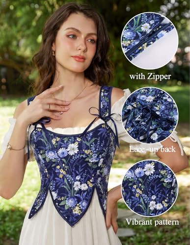 Image of SCARLET DARKNESS Corset Tops for Women Renaissance Costume Floral Lace Up Boned Bustier with Zip