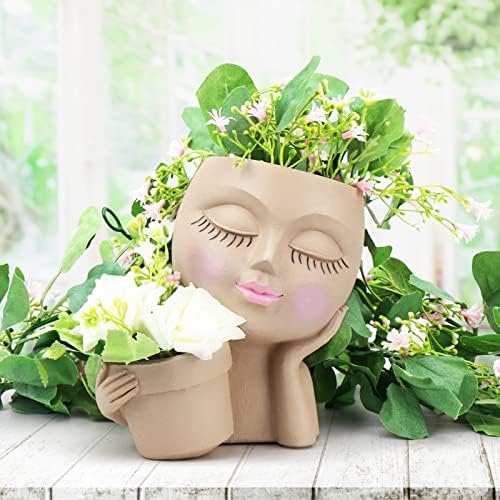Hzdyopk Face Planter Pot - Double Flower Pots in One for Indoor & Outdoor Plant DIY Decoration, Cute Resin Cactus Planter Pot with Drainage Hole Closed Eyes(Beige)