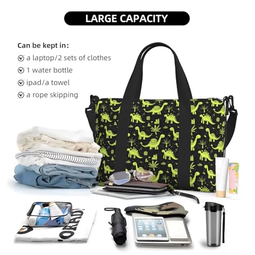 Travel Duffle Bags For Women Men - Cartoon Green Dinosaur Print Personal Item Weekender Overnight Gym Carry On Airport Tote Bag With Strap For Yoga, Travel, Business Trips4