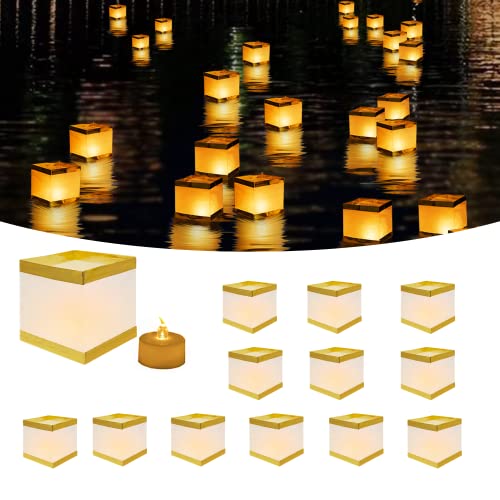 FUELYE 12Pack Floating Square Lanterns with LED Flameless Candles,Outdoor Lanterns Decorative with Waterproof,Floating Candles for Pool,River,Memorials,Wedding,Bar,and Parties…… (12 Square)