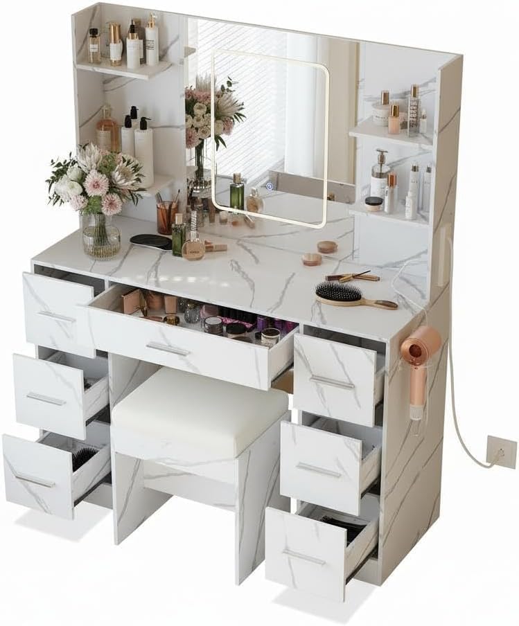 Patikuin White Makeup Vanity Desk with LED Dimmable Mirror – 7 Drawers, Power Outlets, USB Ports, Hair Dryer Holder, Cushioned Stool – Modern Bedroom Dressing Table – Faux Marble Finish