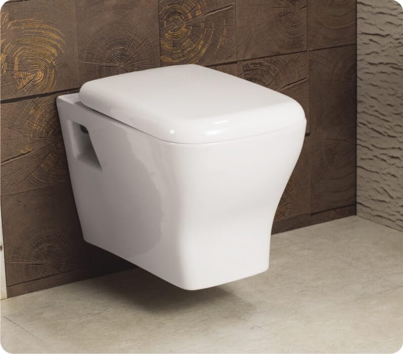 Soyo Ceramic Wall Mounted European Water Closet P Trap/One Piece Western Toilet Commode with Soft Close Seat Outlet is from Wall (53 x 34 x 35 cm, White) (Smith)