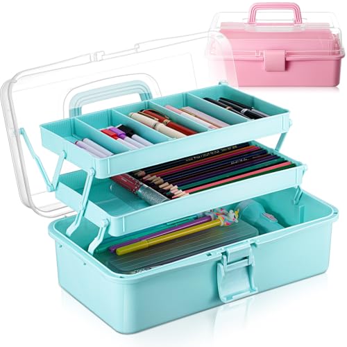 Image of Tellingyou 2 Pcs 3 Layer Craft Organizer for Art 13'' Multipurpose Plastic Medicine Storage Box With Handle - Clear Folding Portable Art Supply Organizer for Christmas Sewing
