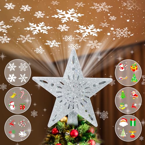 Christmas Star Tree Topper Projector Light with 6 Pattern Modes,Sliver Star