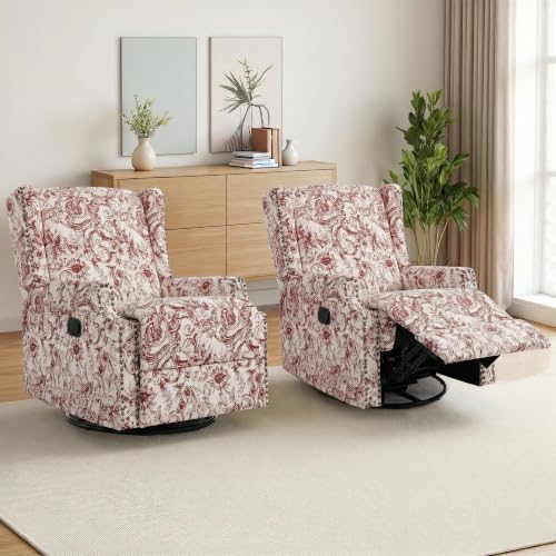 Image of Swivel Rocker Recliner Chairs Set of 2, 360 Swivel Wingback Recliner Chairs for Adults, Upholstered Glider Rocking Chair with High Back, Deep Seat for Living Romm Bedroom, Rococo Orange
