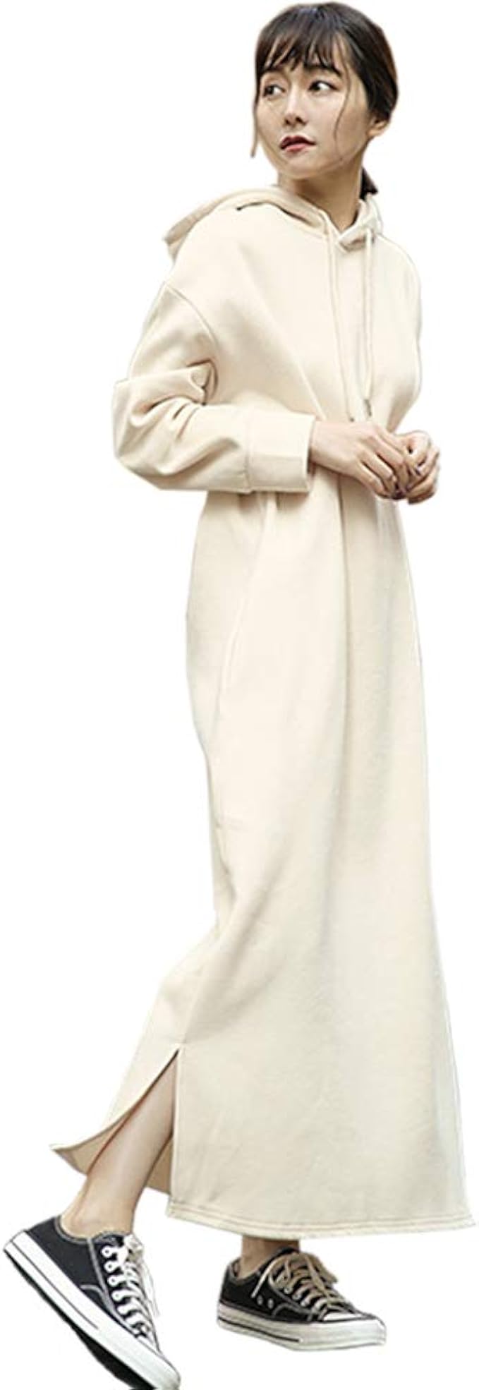 Amazon Co Jp Ailiti 裏起毛 フーディーワンピース レディース サイドスリット フーディー スウェット パーカー マキシワンピース ゆったり 体型カバー ポケット付き アイボリー 服 ファッション小物