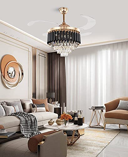 BASLASH Luxury Ceiling Fan Crystal Chandelier Hiding Quiet Gold Retractable LED Light with 3 Color Setting, Dual Control-Remote -A (Black Gold, 42 Inch)