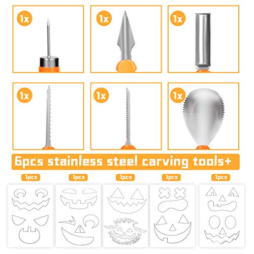 O-Kinee pompoensnijset voor Halloween, 6 stuks gereedschap van roestvrij staal met 10 snijsjablonen voor pompoen… - Image 3