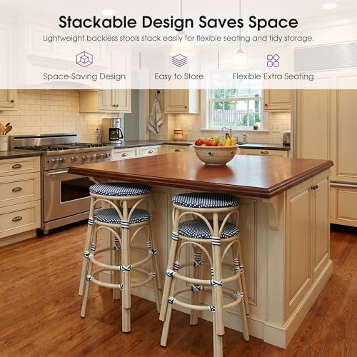 Image of PURPLE LEAF Outdoor French Round 30 inch Bar Stool Set of 2 Large Handwoven Wicker Backless Barstool White Print Aluminum Frame for Patio Kitchen Island Pool Bistro Rattan Chairs Deep Blue