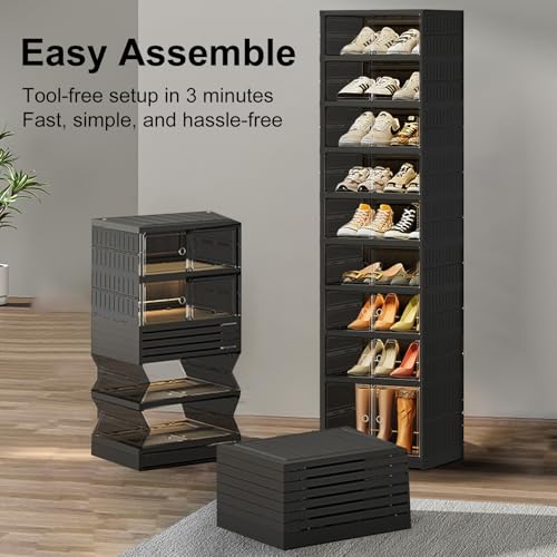 Image of SYNCVIBE Shoe Rack Organizer for Closet Entryway Foldable Sneaker Storage Shoe, Collapsible Shoe Cabinet, Stackable Shoe Storage Cabinet with Lids for Living Room (9 Tiers -18 Pairs Black)
