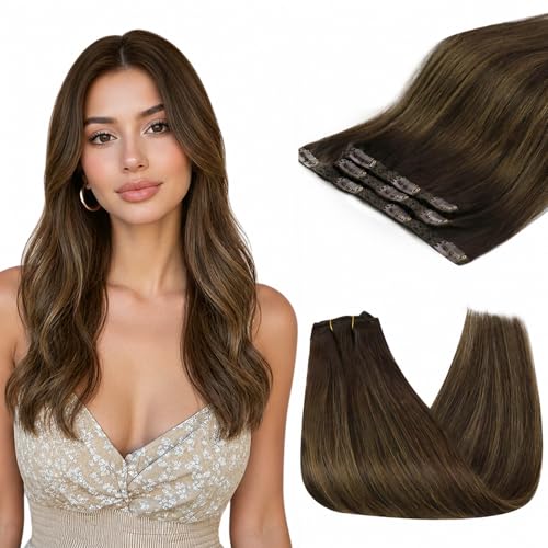 Image of Sunny Hair Clip in Hair Extensions Real Human Hair Dark Brown Balayage | 14 Inch Remy Hair for Women Natural Seamless Blend Clip Ins Ash Brown Ombre For Everyday Wear Lightweight 85g