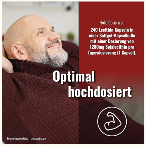 Lecithin Kapseln - 240 Softgel Kapseln - 1200mg pro Tagesdosierung - Hochdosiert - Sojalecithin, Lethicin, Lezitin