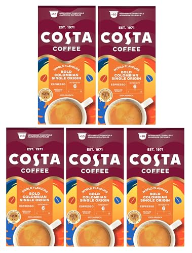 Costa Bold Colombian Single Origin Nespresso Compatible Aluminium Coffee Pods x10 (Pack of 5, Total 50 Capsules)