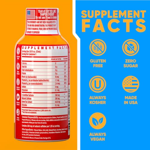 Image of Vitamin Energy Orange Tango Extra Strength Energy Shot, 48 Pack - Up to 7 Hrs, 260mg Natural Caffeine, Zero Sugar - Green Tea Extract, Immune Support, B12 B6 Niacin, 1.93 fl oz, Keto Vegan