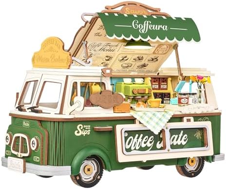 Rolife 3D Puzzle Holz Modellbausatz für Erwachsene 3D Holzpuzzle DIY Miniaturhaus Bausatz Bastelset Book Nook Kit Heimdekoration Geburtstagsgeschenk für Erwachsene (Leos Kaffeewage