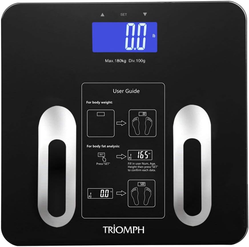 Triomph Precision Body Fat Scale with Backlit LCD Digital Bathroom Scale For Body Weight, Body Fat,Water,Muscle,BMI,Bone Mass and Calorie,10 User Recognition 400 lbs Capacity,Fat Loss Monitor,Black